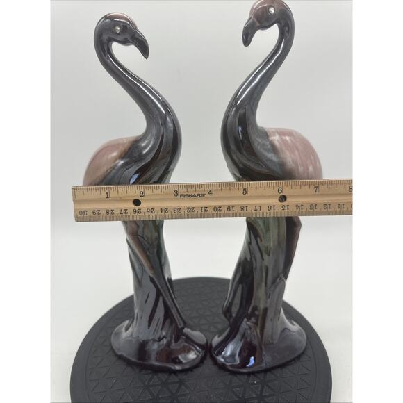 Pair Of Vintage MCM Redware Ceramic Flamingos Green Glaze - Picture 6 of 9